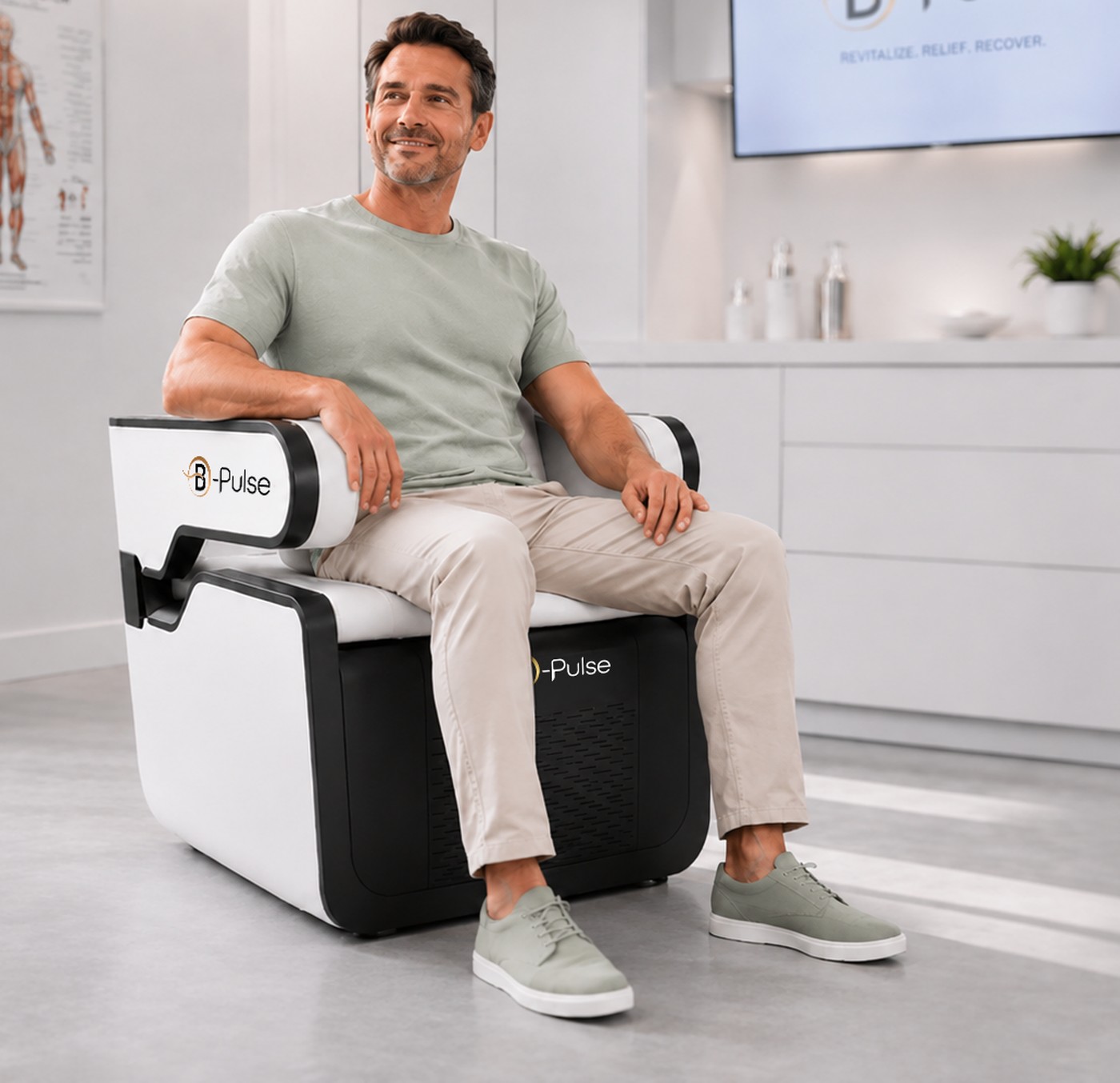 Homme assis sur la chaise B-Pulse en clinique